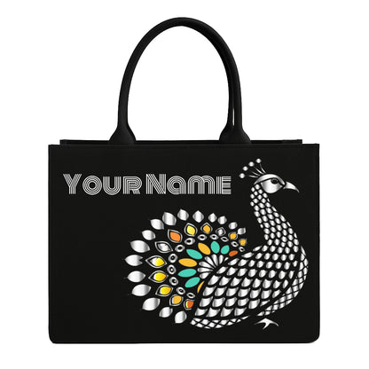 STYLLURE Personalised Black Canvas Tote Bag with Peacock Design, 40x30x12 cm, Laptop Compartment up to 15.6 Inches