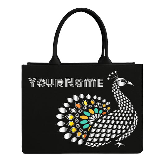 STYLLURE Personalised Black Canvas Tote Bag with Peacock Design, 40x30x12 cm, Laptop Compartment up to 15.6 Inches