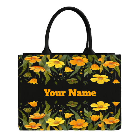 STYLLURE Tote Bag with Yellow Floral Design, Personalized Name Print, 15.6 Inch Laptop Compartment, Black, 16x12x5 Inches, Premium Handbag for Women