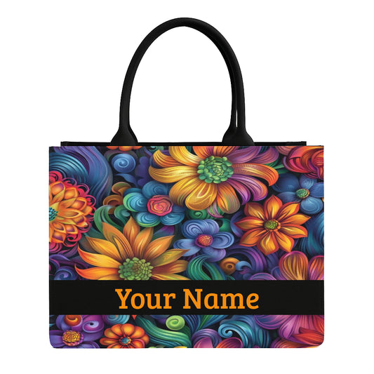 STYLLURE Personalised Floral Tote Bag, Black Canvas Laptop Handbag, 40x30x12 cm, Customisable Name Print, Premium Handbag for Women, Office Travel and Daily Use