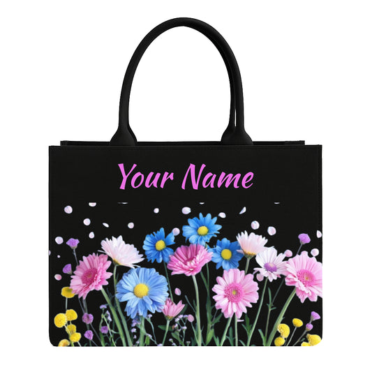 STYLLURE Customised Floral Design Tote Bag with Name Print, Black, 16x12x5 Inches, Fits 15.6 Inch Laptop, Premium Handbag for Women, Office, Travel and Daily Use