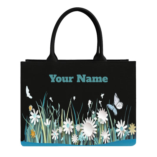 STYLLURE Tote Bag with Customizable Name, Black with Floral Butterfly Design, 15.6 Inch Laptop Compartment, 16x12x5 Inches